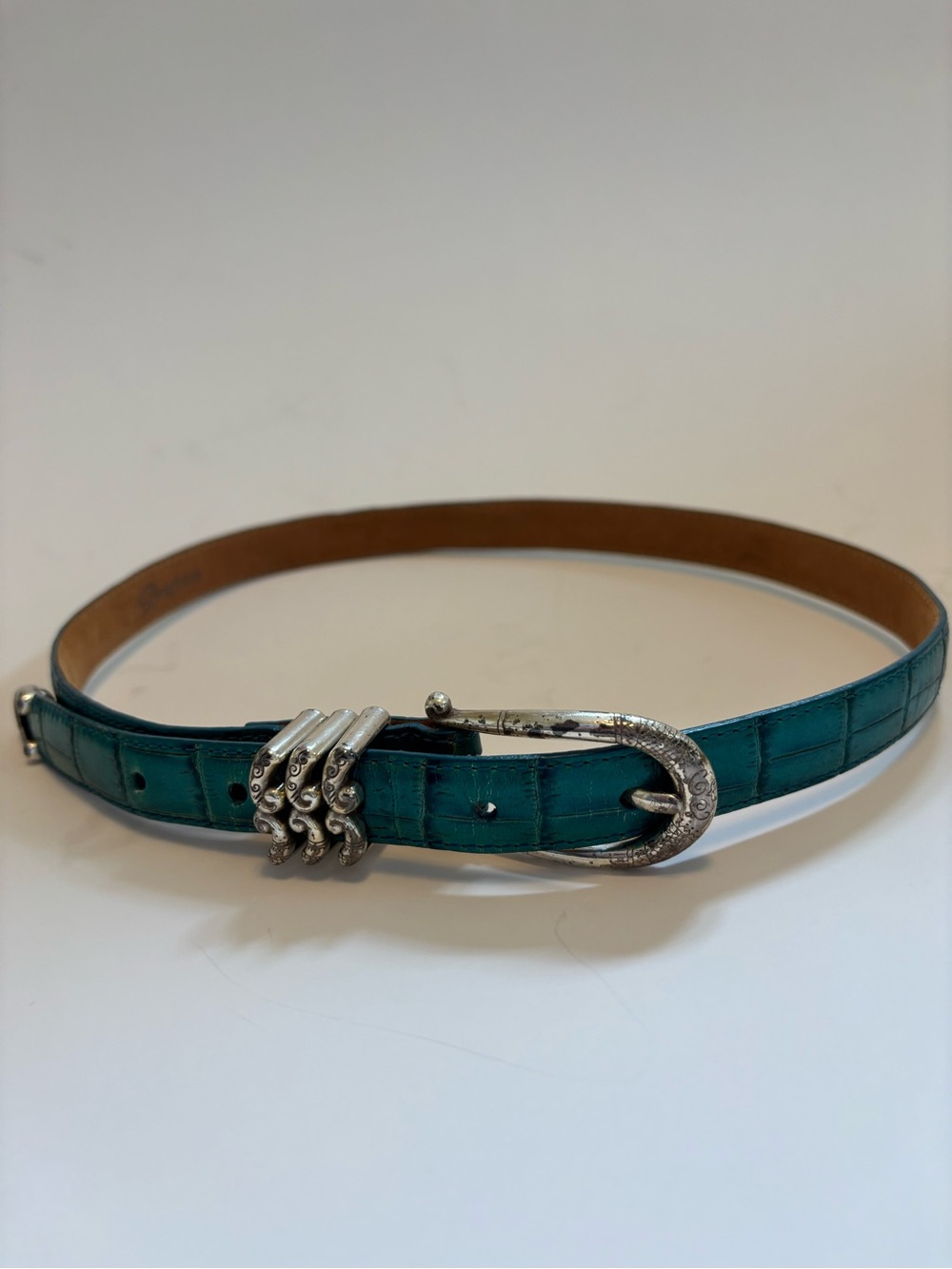 Brighton Teal Croc-Embossed Leather Belt with Silver Buckle